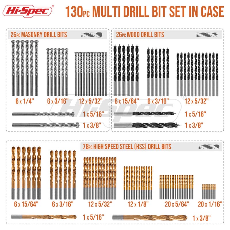 Hi-Spec Drill Bit Set 130pc Multi SAE - 11 Sizes 1/16in to 3/8in - HSS Titanium, Masonry & Brad Point Steel Bits - Drill Bits for Metal, Wood, Plastic, Drywall, Brick & Concrete - with Tray Case - Image 2